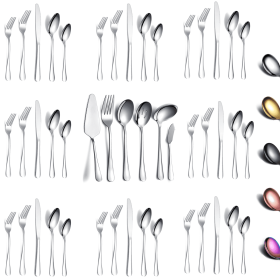 46 Pieces Gold Silverware Set Stainless Steel Titanium Gold Plating Flatware Set; Spoons Forks Cutlery Set Contains 6 Pieces Serving Set (Color: Silver)