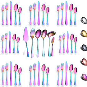 46 Pieces Gold Silverware Set Stainless Steel Titanium Gold Plating Flatware Set; Spoons Forks Cutlery Set Contains 6 Pieces Serving Set (Color: Rainbow)