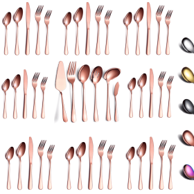 46 Pieces Gold Silverware Set Stainless Steel Titanium Gold Plating Flatware Set; Spoons Forks Cutlery Set Contains 6 Pieces Serving Set (Color: Rose Gold)