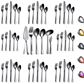46 Pieces Gold Silverware Set Stainless Steel Titanium Gold Plating Flatware Set; Spoons Forks Cutlery Set Contains 6 Pieces Serving Set (Color: Black)