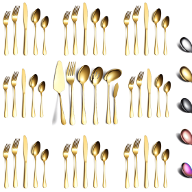 46 Pieces Gold Silverware Set Stainless Steel Titanium Gold Plating Flatware Set; Spoons Forks Cutlery Set Contains 6 Pieces Serving Set (Color: Gold)