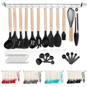 Silicone Kitchen Utensils Set 38 Pieces; Non-Stick Cooking Utensils Set with Muti-Use Hooks and Utensil Racks (Color: Black)
