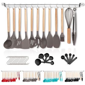Silicone Kitchen Utensils Set 38 Pieces; Non-Stick Cooking Utensils Set with Muti-Use Hooks and Utensil Racks (Color: Gray)