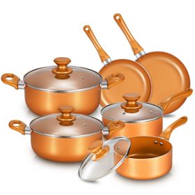 10 Piece Ceramic Nonstick Aluminum Cookware Set - Black & Copper & Blue (Color: copper)