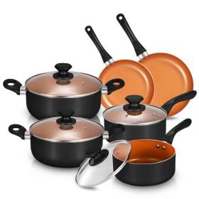 10 Piece Ceramic Nonstick Aluminum Cookware Set - Black & Copper & Blue (Color: Black)