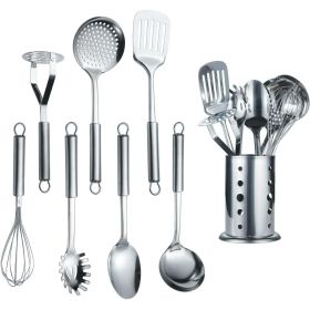 13 Piece Stainless Steel Kitchen Utensils Set with Utensil Holder (Color: Silver-8)