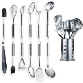 13 Piece Stainless Steel Kitchen Utensils Set with Utensil Holder (Color: Silver-13)