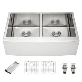 Lordear 33 Inch Farmhouse Sink 16 Gauge Kitchen Sink Apron Front Double Bowl 50/50 Stainless Steel Sink (Design: 50/50)