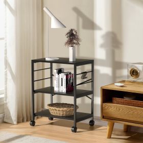 Kitchen Microwave Cart; 3-Tier Kitchen Utility Cart Vintage Rolling Bakers Rack with 5 Hooks for Living Room Decoration (Color: Black)