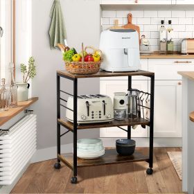 Kitchen Microwave Cart; 3-Tier Kitchen Utility Cart Vintage Rolling Bakers Rack with 5 Hooks for Living Room Decoration (Color: Brown)